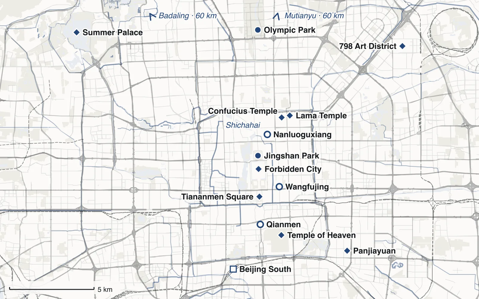 Map: Central Beijing and the Summer Palace, with Forbidden City, Tiananmen Square, Jingshan Park, Temple of Heaven, Summer Palace, Lama Temple, Confucius Temple, Nanluoguxiang, Qianmen, Wangfujing, 798 Art District, Olympic Park, Panjiayuan and Beijing South