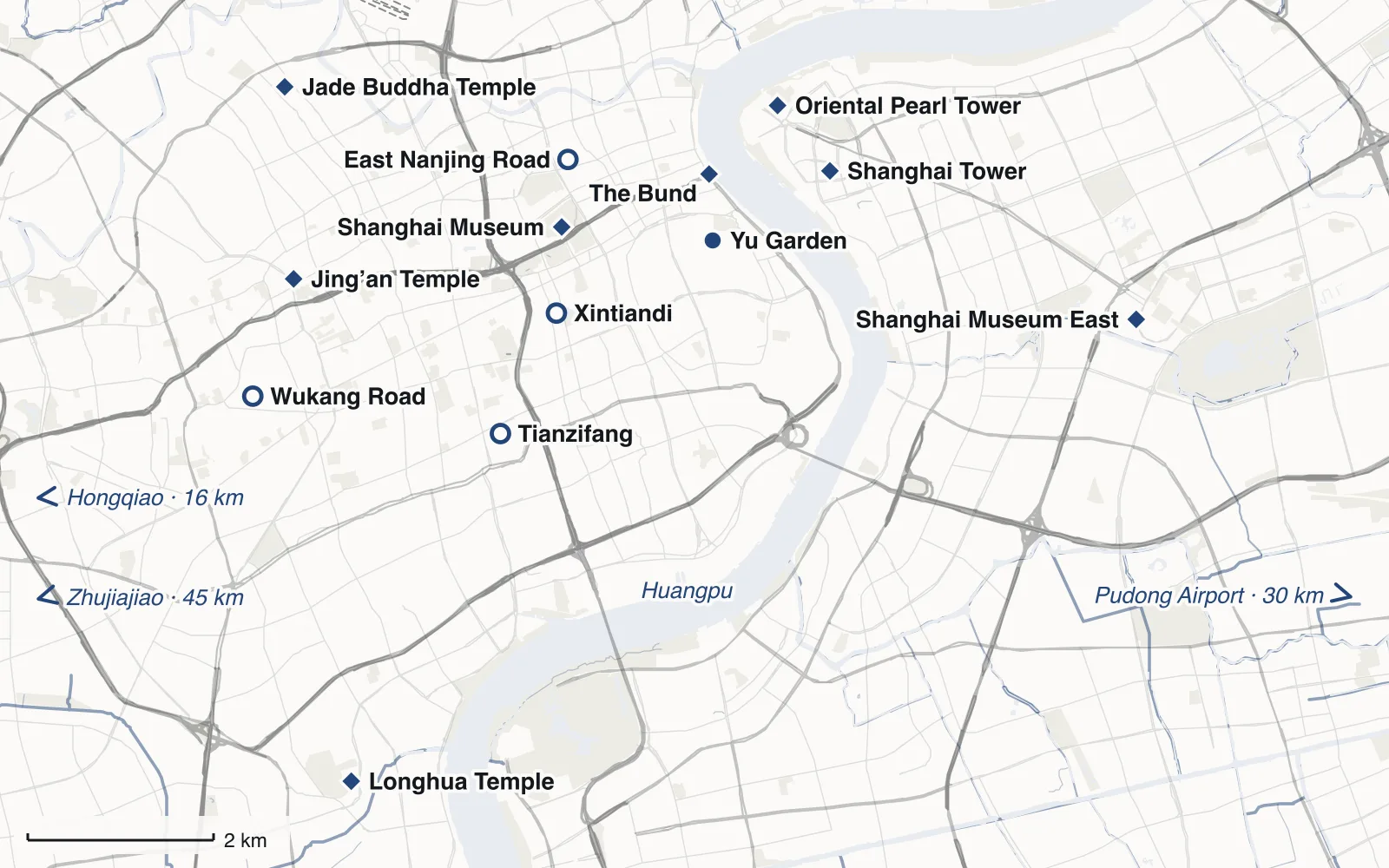 Map: Central Shanghai and Pudong, with The Bund, Oriental Pearl Tower, Shanghai Tower, Yu Garden, Shanghai Museum, Shanghai Museum East, Jade Buddha Temple, Jing’an Temple, Longhua Temple, Wukang Road, Tianzifang, Xintiandi and East Nanjing Road