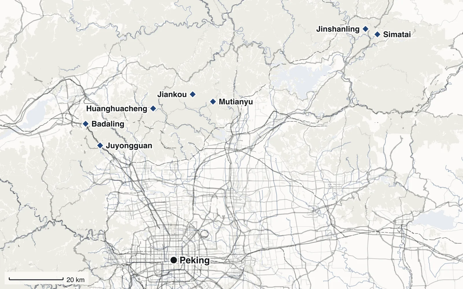 Karte: Die Große Mauer rund um Peking, mit Peking, Badaling, Juyongguan, Huanghuacheng, Mutianyu, Jiankou, Jinshanling und Simatai