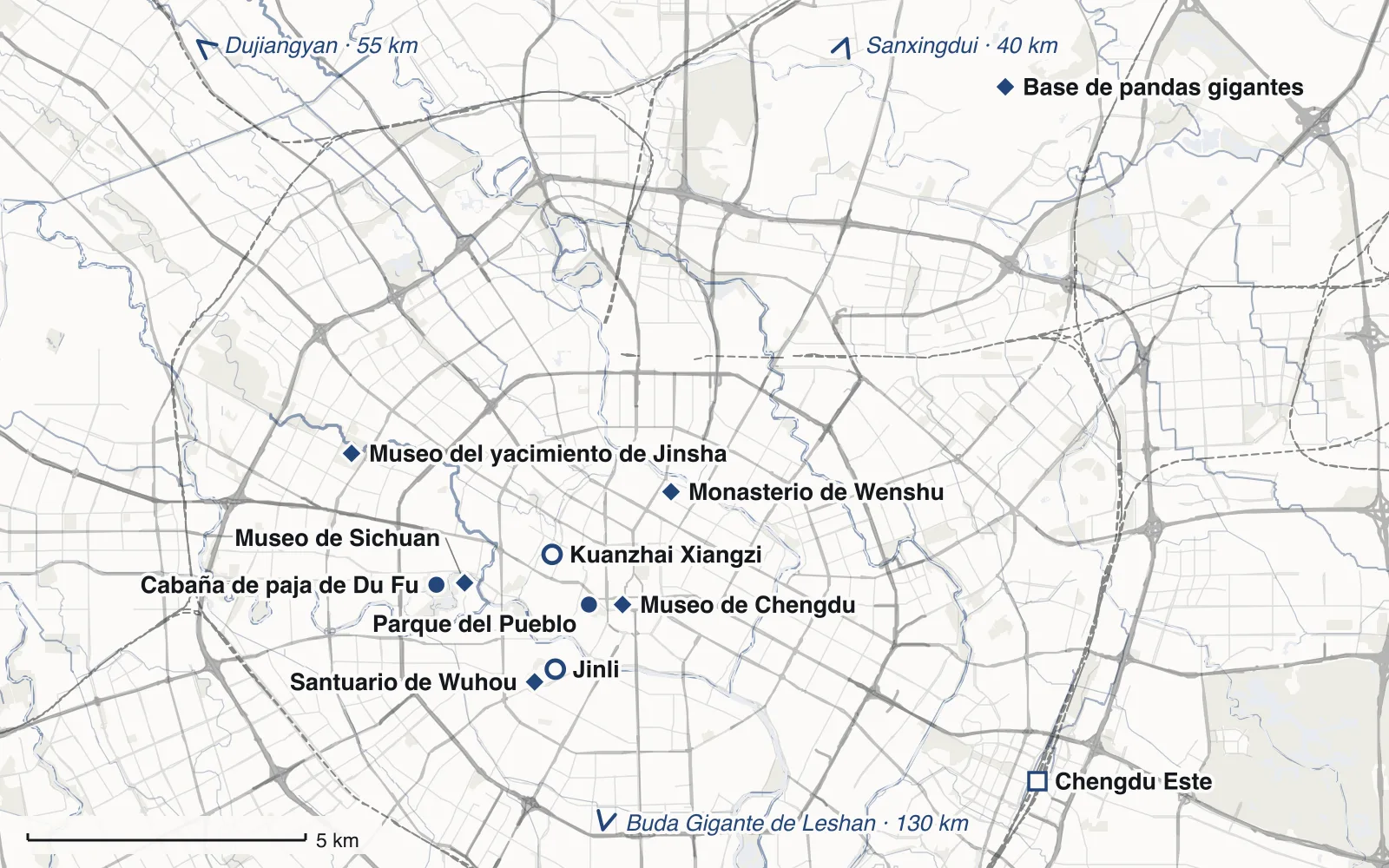 Mapa: El centro de Chengdu y la base de pandas, con Base de pandas gigantes, Parque del Pueblo, Kuanzhai Xiangzi, Monasterio de Wenshu, Santuario de Wuhou, Jinli, Cabaña de paja de Du Fu, Museo de Sichuan, Museo de Chengdu, Museo del yacimiento de Jinsha y Chengdu Este