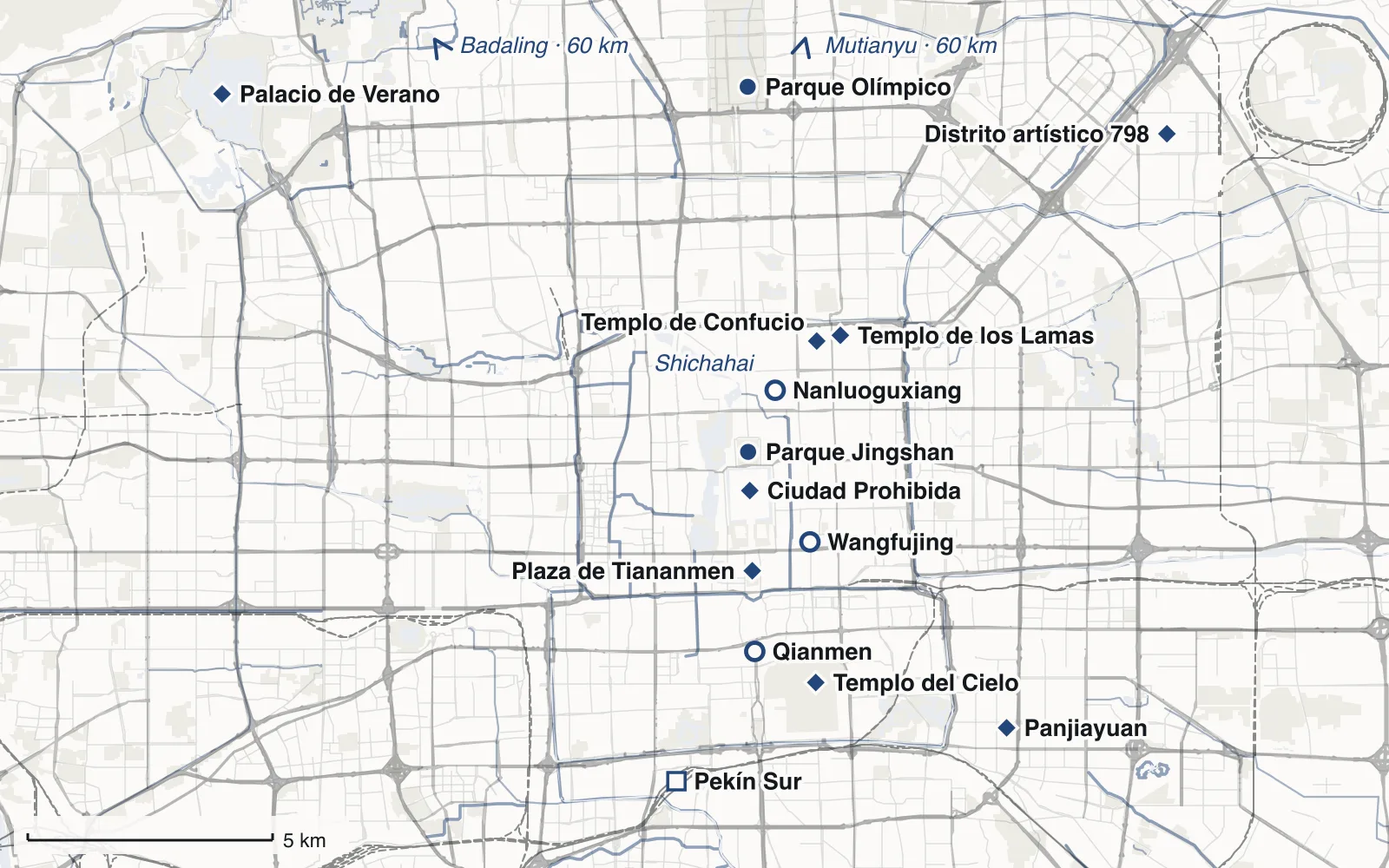 Mapa: El centro de Pekín y el Palacio de Verano, con Ciudad Prohibida, Plaza de Tiananmen, Parque Jingshan, Templo del Cielo, Palacio de Verano, Templo de los Lamas, Templo de Confucio, Nanluoguxiang, Qianmen, Wangfujing, Distrito artístico 798, Parque Olímpico, Panjiayuan y Pekín Sur