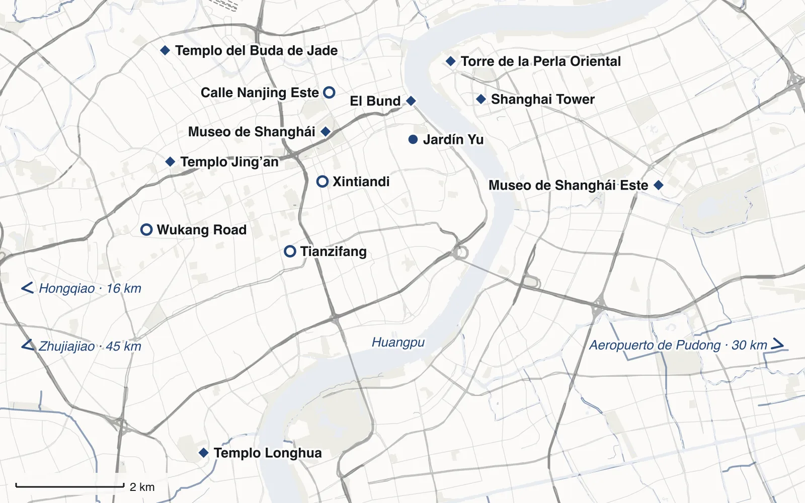 Mapa: El centro de Shanghái y Pudong, con El Bund, Torre de la Perla Oriental, Shanghai Tower, Jardín Yu, Museo de Shanghái, Museo de Shanghái Este, Templo del Buda de Jade, Templo Jing’an, Templo Longhua, Wukang Road, Tianzifang, Xintiandi y Calle Nanjing Este