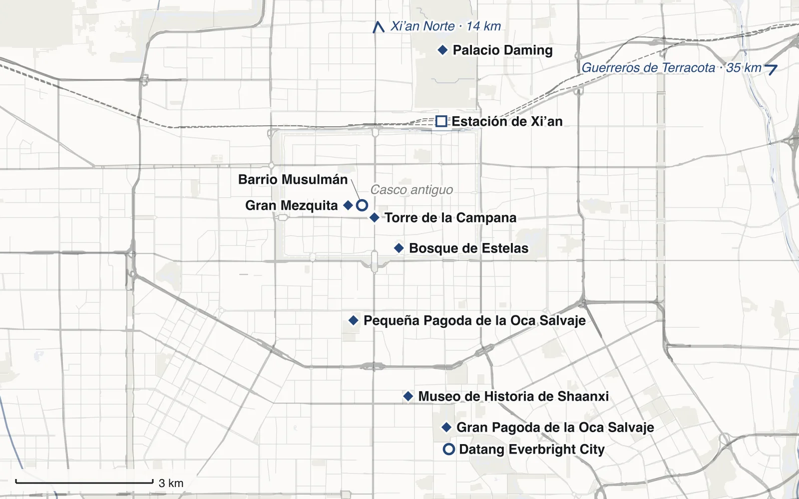 Mapa: Xi’an dentro y fuera de la muralla, con Torre de la Campana, Barrio Musulmán, Gran Mezquita, Bosque de Estelas, Gran Pagoda de la Oca Salvaje, Museo de Historia de Shaanxi, Pequeña Pagoda de la Oca Salvaje, Datang Everbright City, Palacio Daming y Estación de Xi’an
