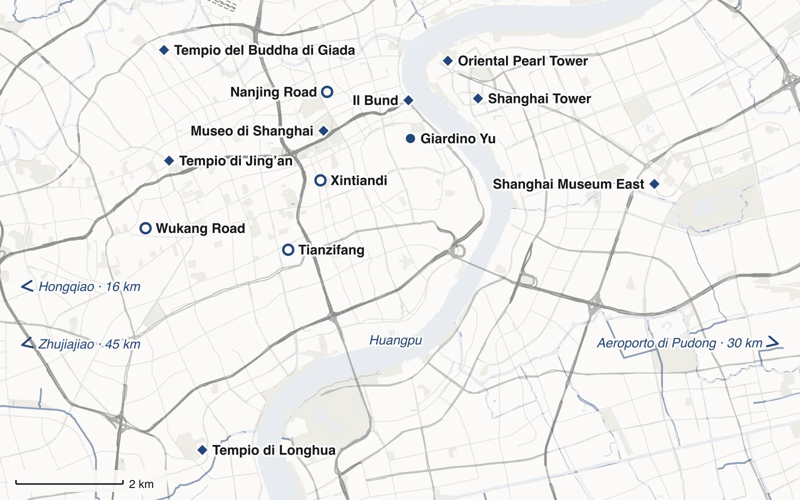 Mappa: Il centro di Shanghai e Pudong, con Il Bund, Oriental Pearl Tower, Shanghai Tower, Giardino Yu, Museo di Shanghai, Shanghai Museum East, Tempio del Buddha di Giada, Tempio di Jing’an, Tempio di Longhua, Wukang Road, Tianzifang, Xintiandi e Nanjing Road