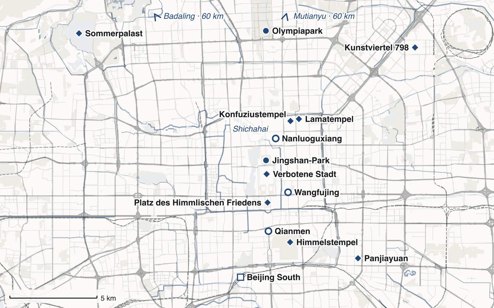Karte: Das Zentrum von Peking und der Sommerpalast, mit Verbotene Stadt, Platz des Himmlischen Friedens, Jingshan-Park, Himmelstempel, Sommerpalast, Lamatempel, Konfuziustempel, Nanluoguxiang, Qianmen, Wangfujing, Kunstviertel 798, Olympiapark, Panjiayuan und Beijing South