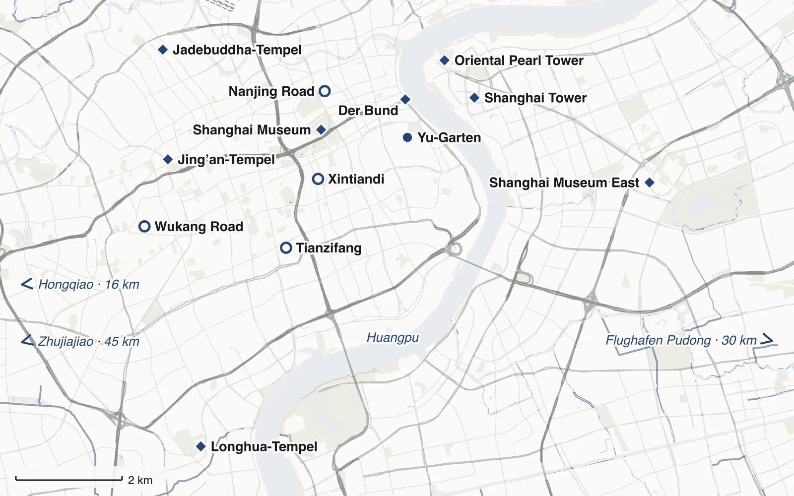 Karte: Das Zentrum von Shanghai und Pudong, mit Der Bund, Oriental Pearl Tower, Shanghai Tower, Yu-Garten, Shanghai Museum, Shanghai Museum East, Jadebuddha-Tempel, Jing’an-Tempel, Longhua-Tempel, Wukang Road, Tianzifang, Xintiandi und Nanjing Road