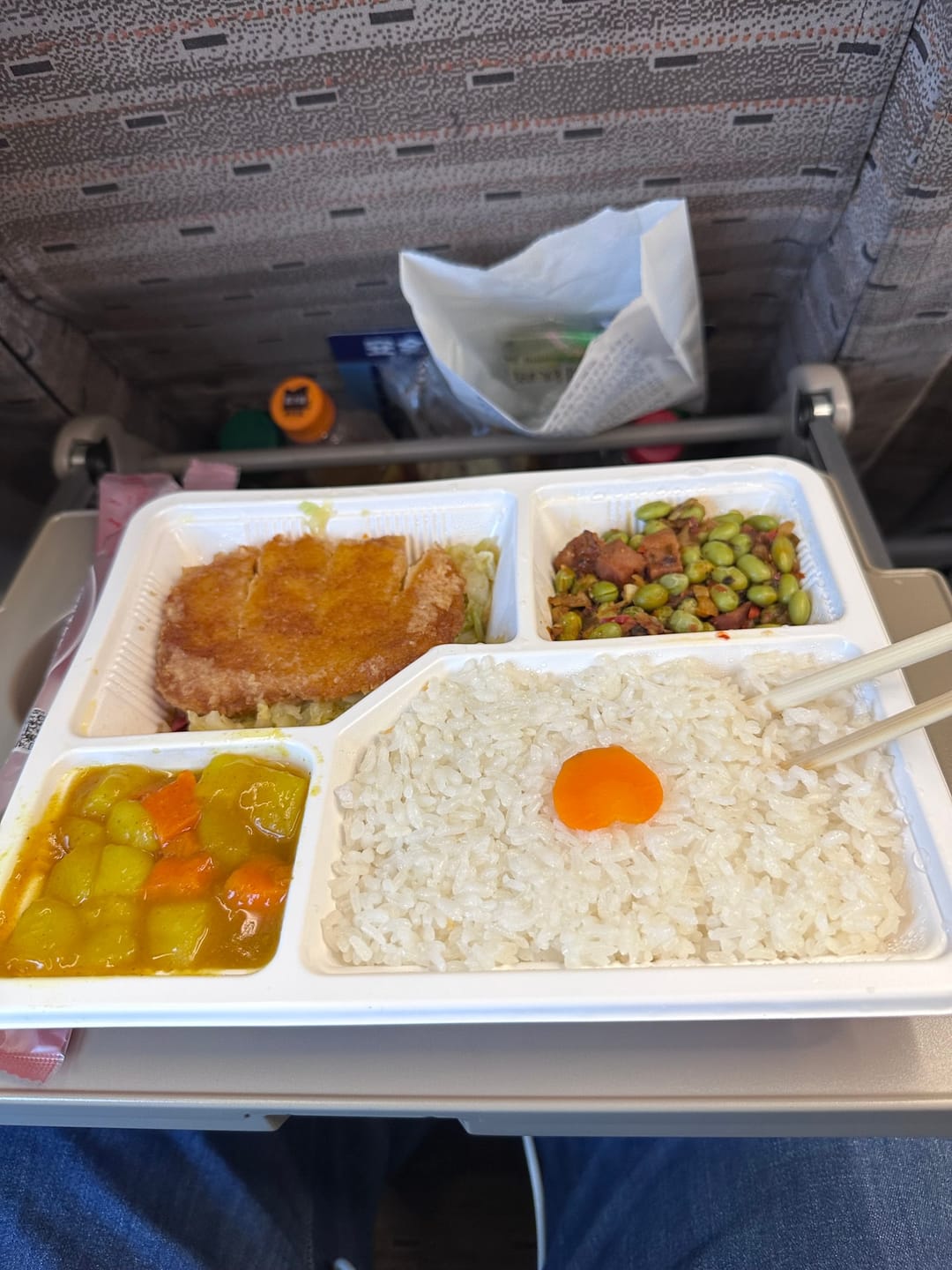 A boxed meal on a train tray table with rice and a fried egg, a breaded cutlet, edamame with meat and braised vegetables