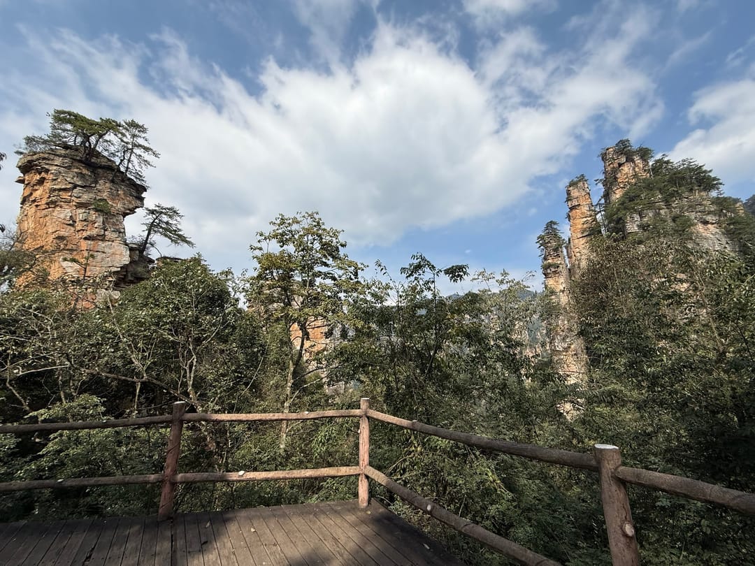 Sandstone pillars topped with pine trees rising above a forest, seen from a wooden viewing platform in Zhangjiajie