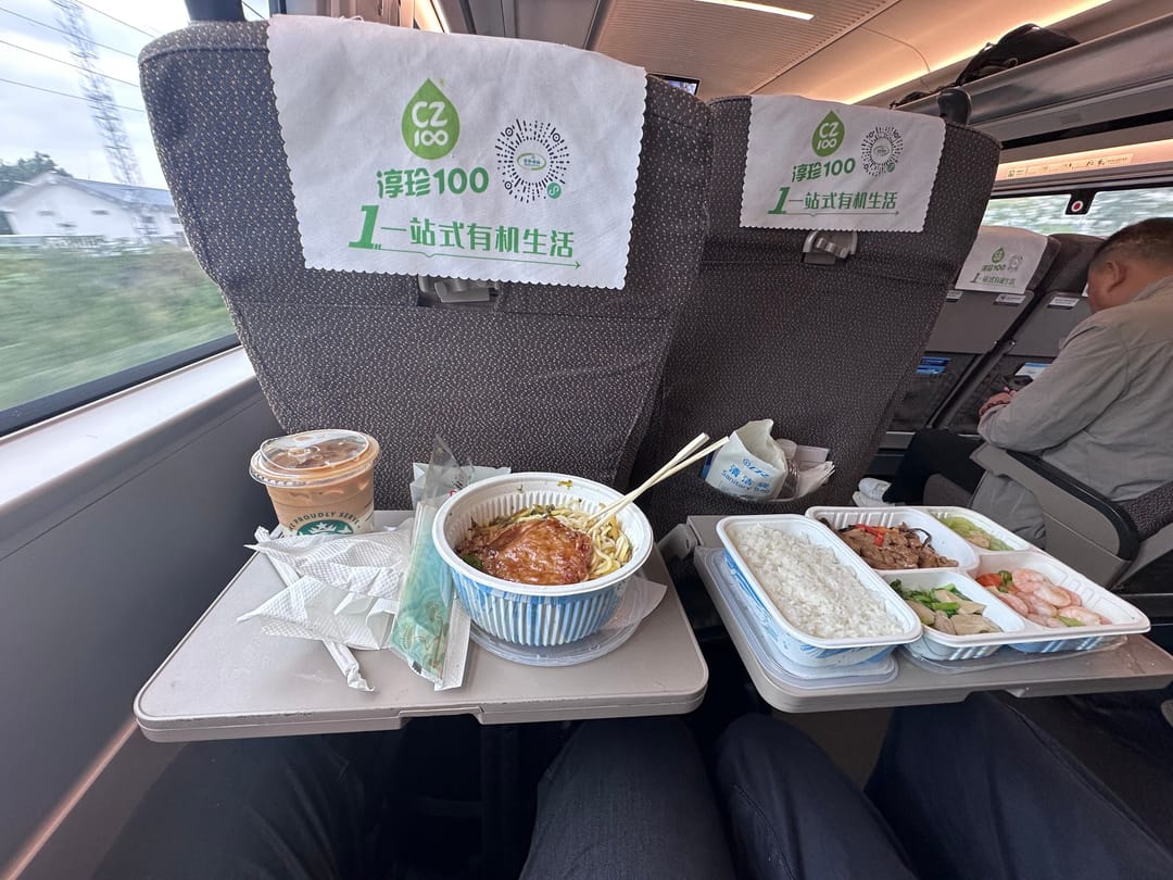 Due vassoi con pasti caldi sui tavolini di un treno ad alta velocità cinese, noodles con carne a sinistra e riso con contorni a destra