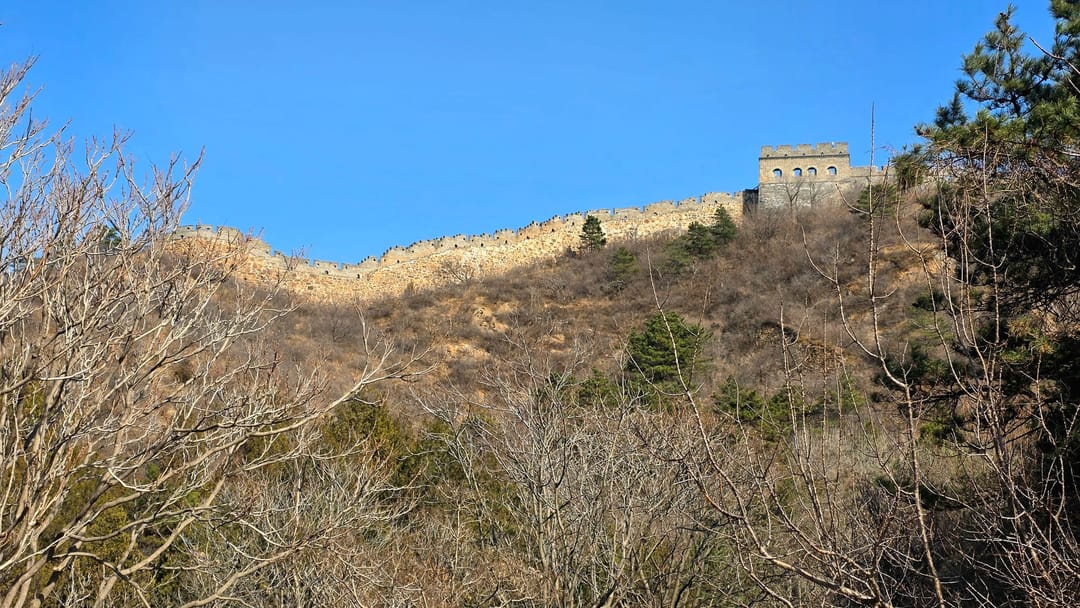 A partly restored stretch of the Great Wall at Jinshanling running along a ridge to a square watchtower, above bare winter shrubs
